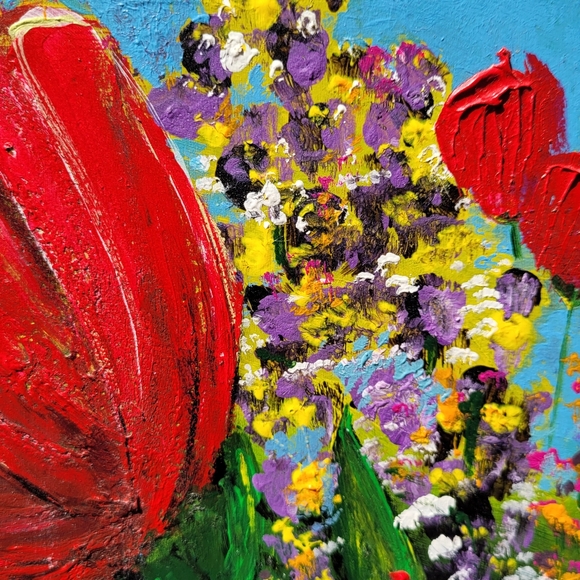 Original Red Poppy Flower Acrylic Painting on Upcycled Square Wood Board - Picture 8 of 13